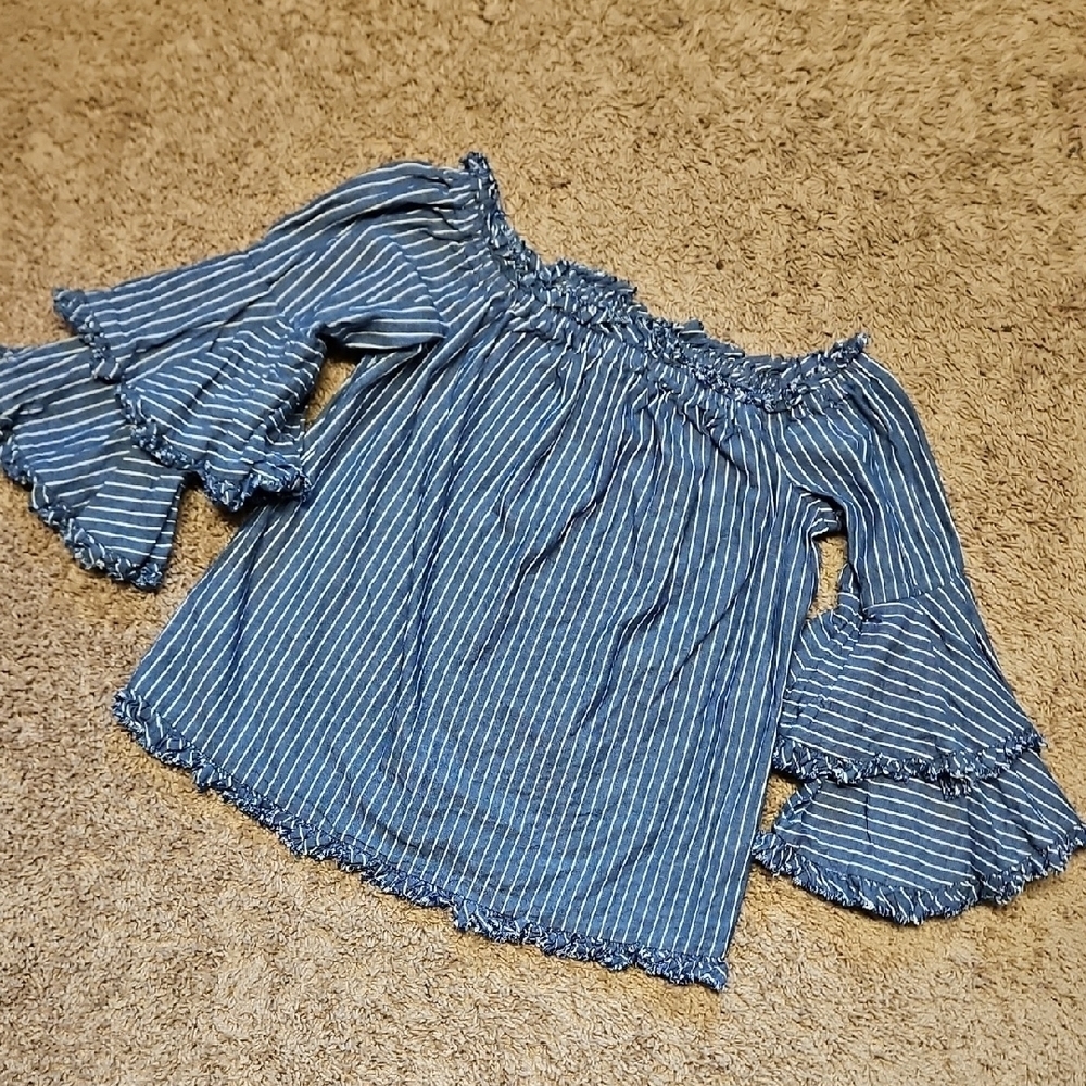 Beige By Eci Striped Off-Shoulder Bell Sleeve Top